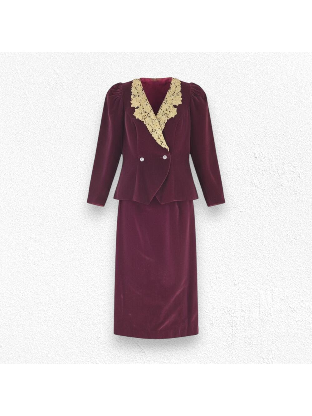 Vintage 80s Burgundy Velvet Gold Lace Trim Power Suit Blazer Skirt Size Medium